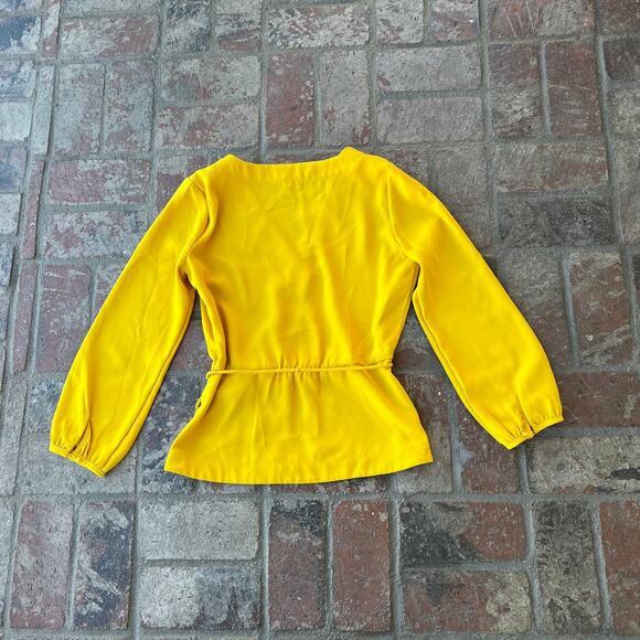 J. Crew Mustard Yellow Blouse Faux Wrap Top V-Neck Belted Size 4 - Picture 3 of 3